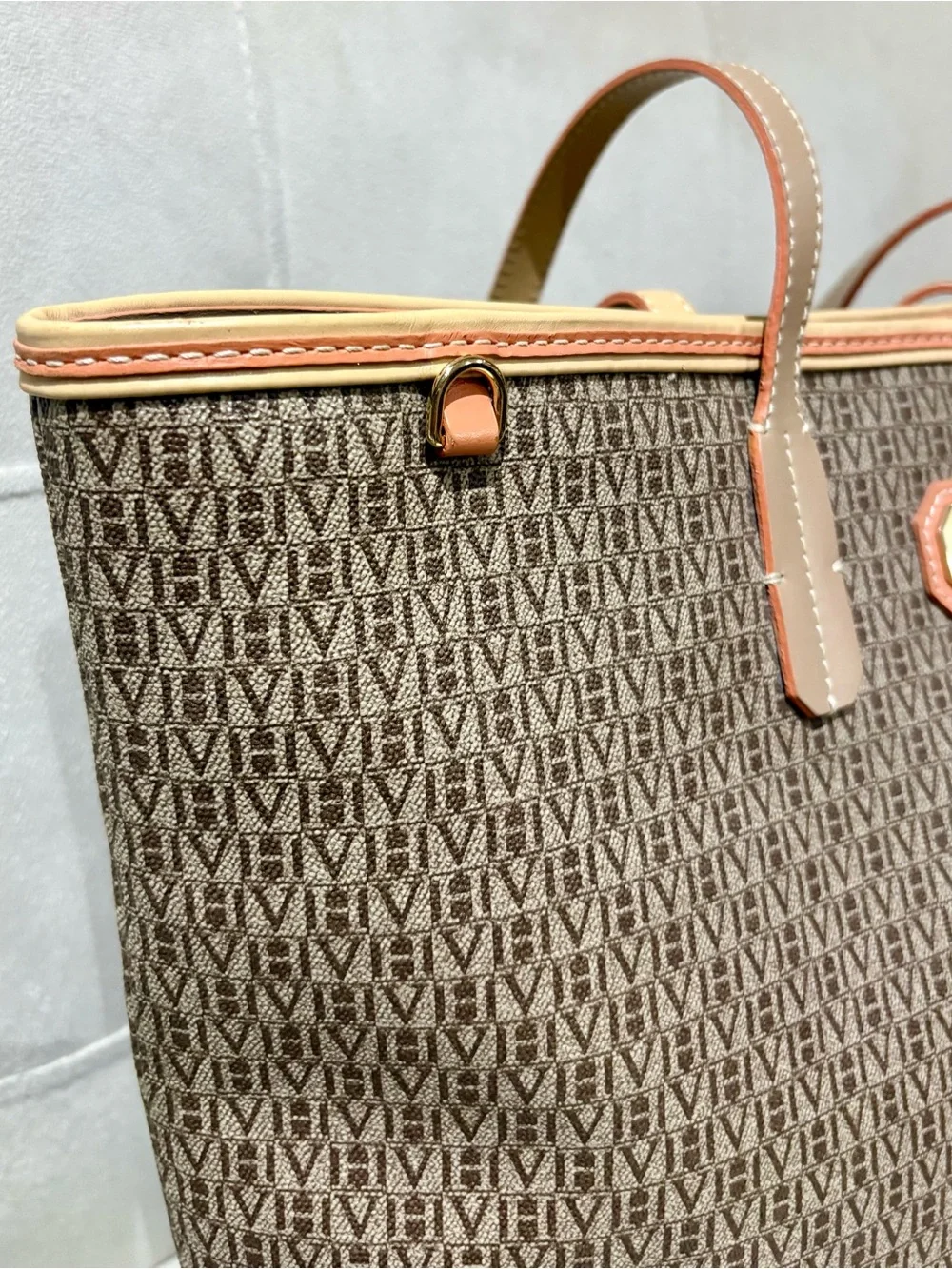 Victor Hugo Italian Leather Brown Monogram Tote Bag in Tan Trim